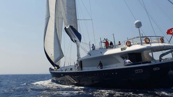 Luxurious sailing yacht Gül Maria sailing on the open sea